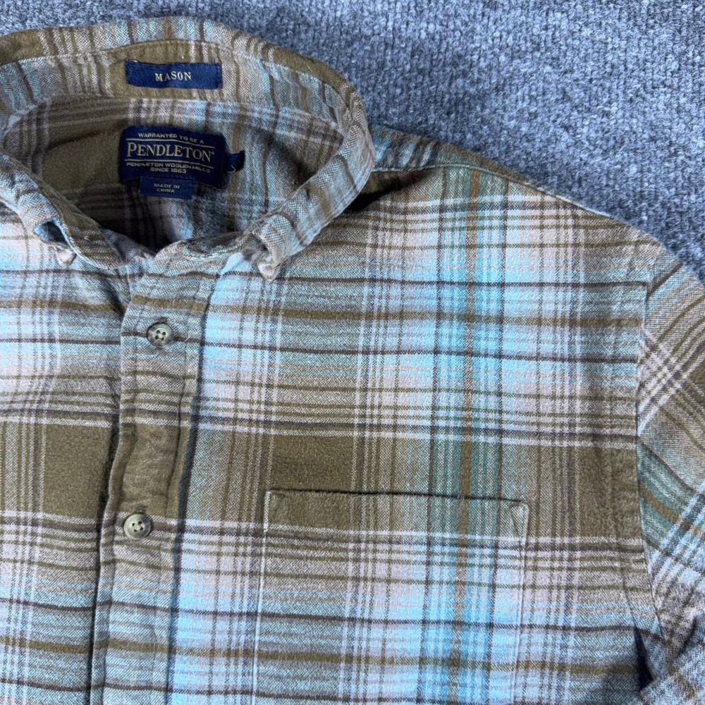 Pendleton Mason Mens Brown Blue Plaid Cotton Button Down Shirt Long Sleeve Large - Picture 3 of 11